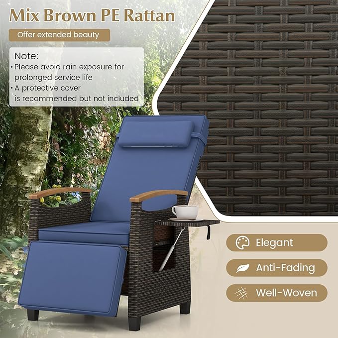 RELAX4LIFE Rattan Outdoor Recliner Chair - Wicker Chaise Lounge Chair w/Adjustable Back & Footrest, Acacia Wood Armrests - Photo 5