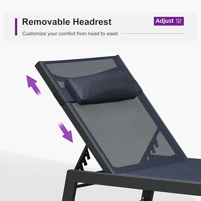 PURPLE LEAF Outdoor Oversized Lounge Chair Set of 3 Patio Chaise Pool Lounger Aluminum Frame with Side Table and Wheels for Outside Sunbathing Tanning Recliner Including Pillows Navy Blue