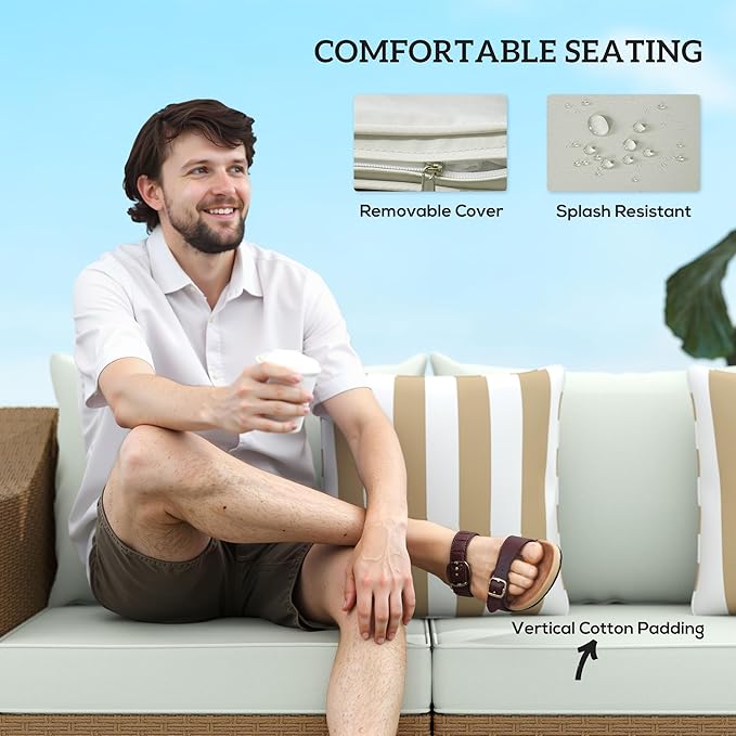 Outsunny 3 Seater Patio Sofa, Wicker Sofa with Cushions, Outdoor Furniture Rattan Couch with 2 Throw Pillows - Photo 5