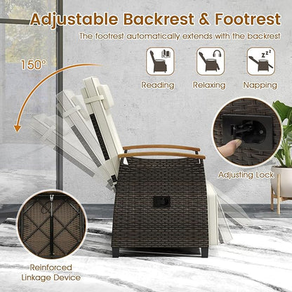 HAPPYGRILL Outdoor Rattan Wicker Chaise Lounge Recliner Chair with Adjustable Backrest & Footrest, Push Back Outside Seat w/Cushion & Flip Table for Backyard, Porch, Balcony (Off White,1)