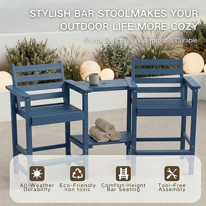Kingdura Tall Adirondack Chairs Set of 2, Weather Resistant HDPE Bar Height Outdoor Stools with Removable Double Connecting Trays, Wooden Grain for Patio, Balcony, Deck (Navy Blue)