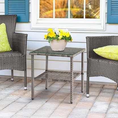VINGLI Outdoor Wicker Side Table Patio Side Tables for Outside, Tempered Glass Top Wicker Table with Storage End Table for Patio Balcony Porch Deck (Grey)