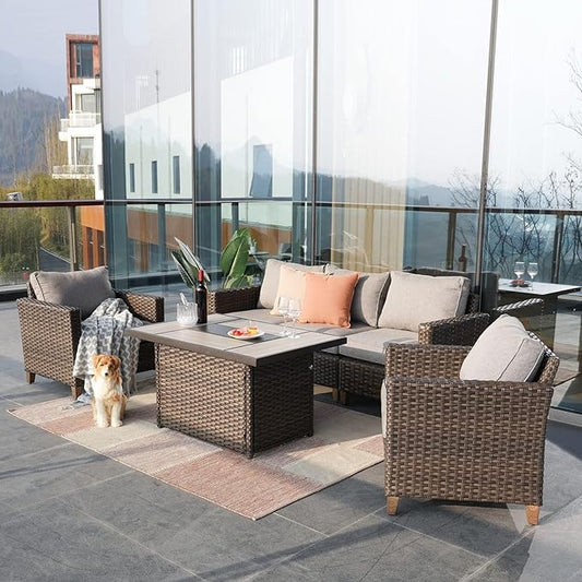 Grand patio Sofa Sets 6 Pieces Conversation Set with Fire Pit Table, Wicker Patio Furniture Sectional Sofa with Thick Cushions for Yard Garden Porch (Set for 5 Firetable, 6 PCS)