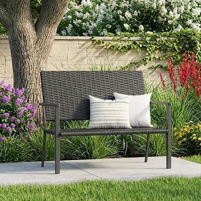 AECOJOY Outdoor Garden Bench, Weatherproof Wicker Outside Benches Clearance, Black Patio Loveseat with Backrest Armrests for Lawn Yard Porch Work Entryway (Black Rattan Back)