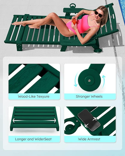 Chaise Lounge Chair Outdoor with Wheels, Oversize Patio Lounge Chairs with Wood Texture, 5-Position Plastic Lounge Chairs Set of 2-Green(Separate Delivery)