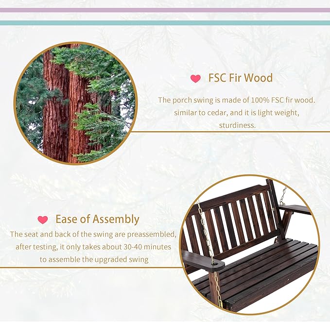 Anraja Wooden Porch Swing 2-Seater Bench Swing with Hanging Chains Heavy Duty 800 LBS for Outdoor Patio Garden Yard - Photo 8