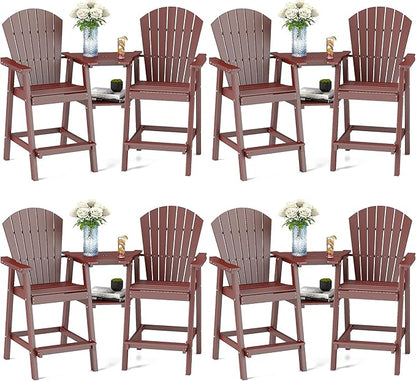 FOOWIN Tall Adirondack Chair Set of 8, All Weather HDPE Bar Height Adirondack Chair with Double Connecting Trays, Adirondack Barstools for Balcony, Deck, Backyard, Patio, Garden Brown