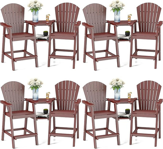 FOOWIN Tall Adirondack Chair Set of 8, All Weather HDPE Bar Height Adirondack Chair with Double Connecting Trays, Adirondack Barstools for Balcony, Deck, Backyard, Patio, Garden Brown