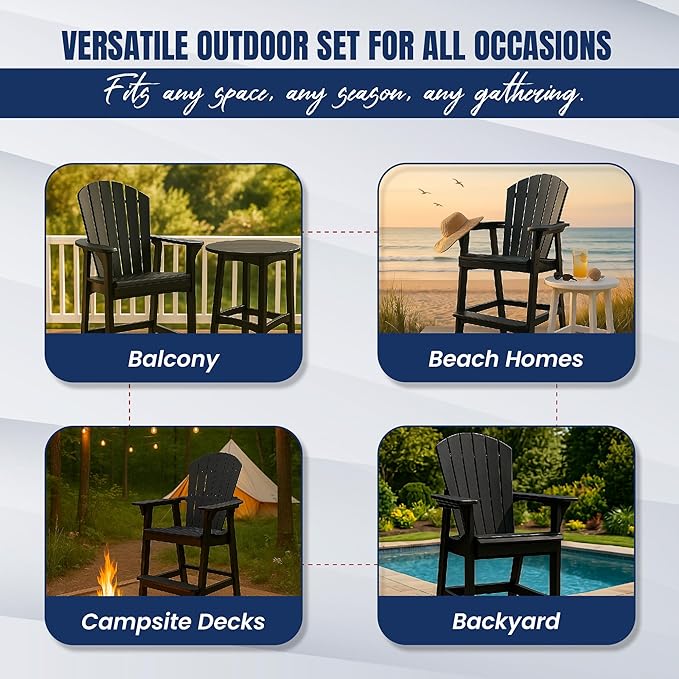 Phat Tommy Tall Adirondack Chair - HDPE Outdoor Furniture - Poly Adirondack Bar Stool - Heavy, Stress Free Furniture for Balcony, Deck, Patio, Front Porch, Black