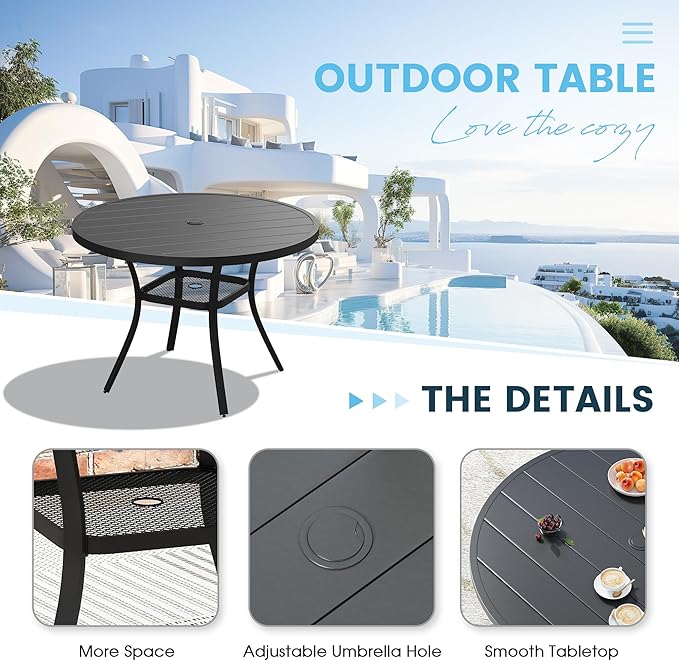 Patio Dining Table for 4, Round Metal Outdoor Table with Storage Shelf, 1.57" Umbrella Hole, 41" Outdoor Slat Tabletop Dining Table for Backyard, Porch, Lawn, Black