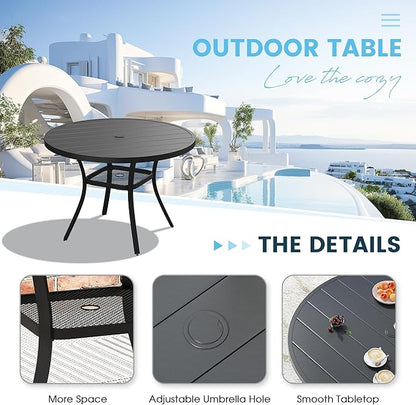 Patio Dining Table for 4, Round Metal Outdoor Table with Storage Shelf, 1.57" Umbrella Hole, 41" Outdoor Slat Tabletop Dining Table for Backyard, Porch, Lawn, Black