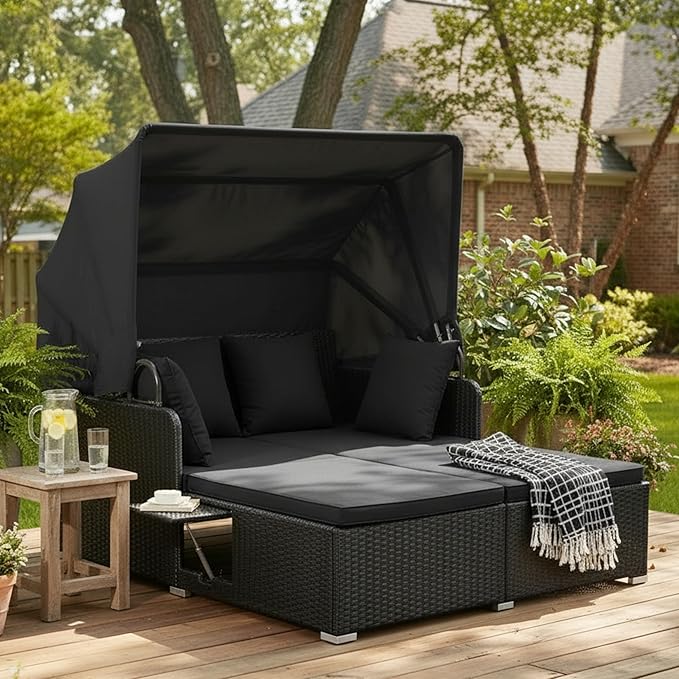 Tangkula Patio Rattan Daybed with Retractable Canopy, Outdoor Wicker Sunbed Lounger with 2 Foldable Side Tables - Photo 3