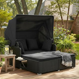 Tangkula Patio Rattan Daybed with Retractable Canopy, Outdoor Wicker Sunbed Lounger with 2 Foldable Side Tables - Photo 3