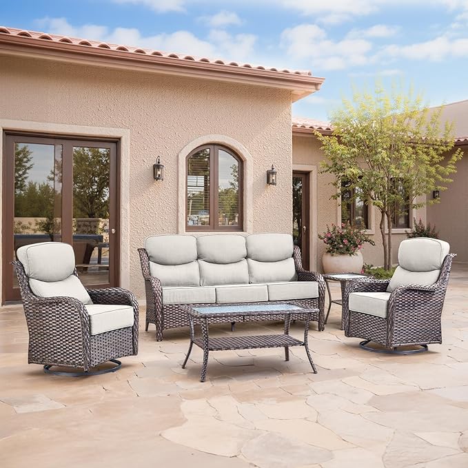 Swivel Patio Chairs sofa Set of 5 with 6" Thick Cushion - Wicker Outdoor Swivel Rocker Patio Chair ,Sofa/Glass coffee - Photo 1