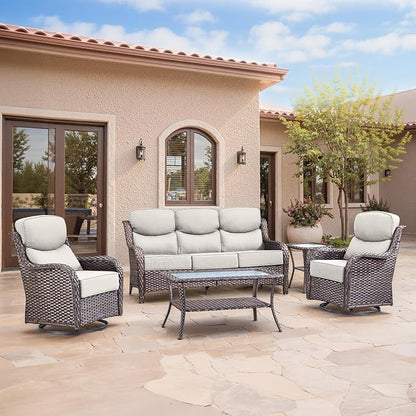 Swivel Patio Chairs sofa Set of 5 with 6" Thick Cushion - Wicker Outdoor Swivel Rocker Patio Chair ,Sofa/Glass coffee table, High Back Comfortable Outdoor Glider Chairs - Brown Wicker | Beige Cushions