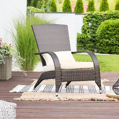 Outdoor Patio Wicker Adirondack Chair Outside Fire Pit Chairs Oversized Comfy Coconino Rattan Armchair Low Deep Seating High Back with Cushion and Pillow for Porch Deck Balcony Lawn Backyard Cream