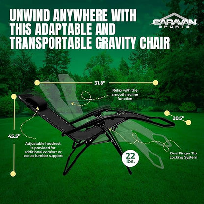 Caravan Sports Zero Gravity Outdoor Portable Folding Camping Lawn Deck Patio Pool Recliner Lounge Chair for Adults, Adjustable Headrest, Black