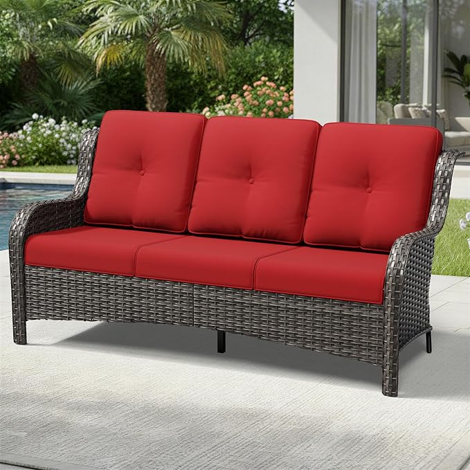 Joyside Outdoor Patio Couch, 3 Seater Outdoor Wicker Sofa with High Back, Deep Seating, Wide Armrest, Thickened Cushions - Photo 6