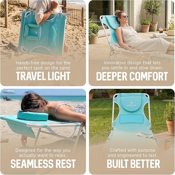 Ostrich the Ladies Comfort Lounger with Chest Support, Foldable and Portable Reclining Outdoor Patio Beach Lawn Camping Pool Tanning Chair, Aqua