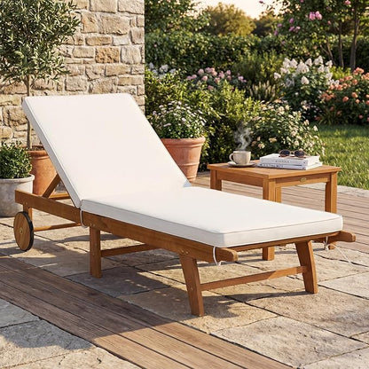 Tangkula Folding Lounge Chairs Outdoor Set of 2, Patio Eucalyptus Wood Chaise Lounge with 5-Level Adjustable Backrest & Cushions, Portable Beach Pool Sunbathing Recliner with Wheels for Outside