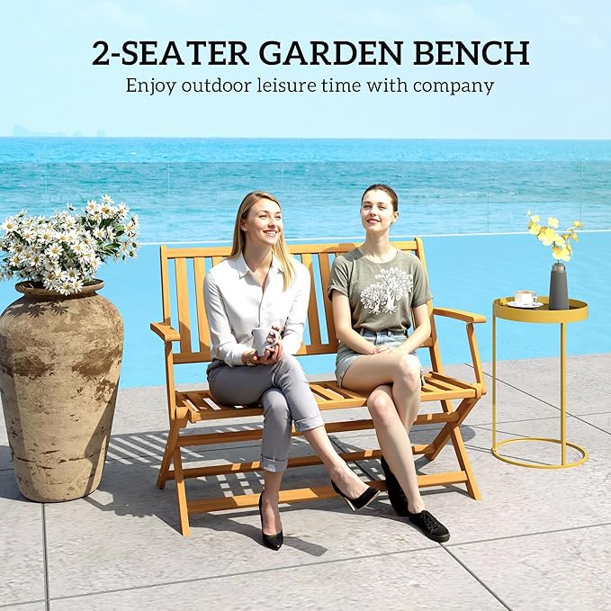Outsunny Wood Outdoor Bench, 2-Person Foldable Patio Acacia Wood Garden Bench with Backrest and Armrests for Garden, Porch, Park, Balcony, Teak