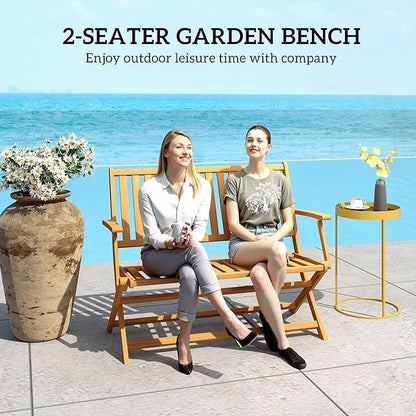 Outsunny Wood Outdoor Bench, 2-Person Foldable Patio Acacia Wood Garden Bench with Backrest and Armrests for Garden, Porch, Park, Balcony, Teak
