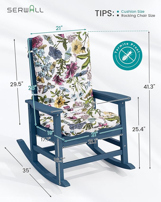 SERWALL SEWALL Oversized Outdoor Rocking Chair with Cushion, Patio Rocking Chairs for Porch, Blue HDPR Rocker+Flower Cushion