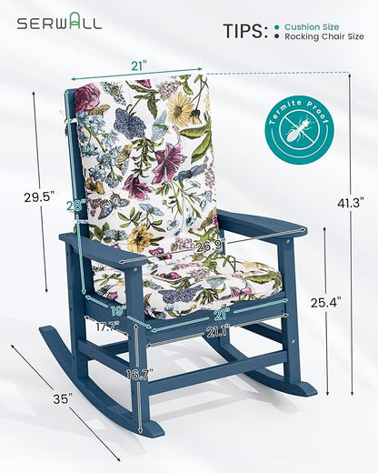 SERWALL SEWALL Oversized Outdoor Rocking Chair with Cushion, Patio Rocking Chairs for Porch, Blue HDPR Rocker+Flower Cushion