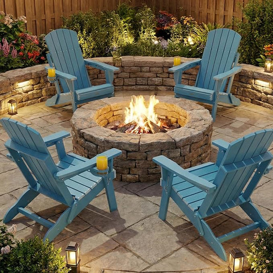 Adirondack Chairs Set of 4 for Outdoor Patio: Sturdy HDPE Plastic Fire Pit Chairs with Cup Holder & Wood Texture - Comfortable Easy to Assembly All-Weather Furniture - Easy Foldable and Stackable