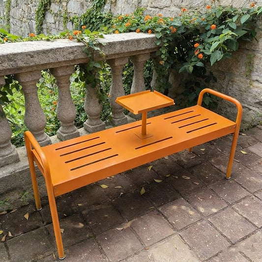 Modern Floor Patio Bench, 2-Person Metal Garden Bench Seat, Outdoor Benches Weatherproof with Built-in Small Table and Armrests, 120cm/47.2in Park Benches Outdoor Furniture(Orange)