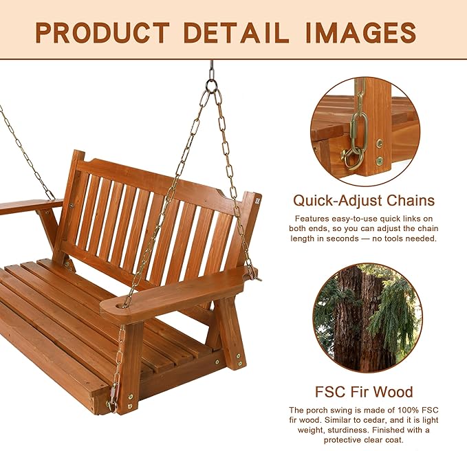 Wooden Porch Swing 2-Seater, Bench Swing with Hanging Chains, Heavy Duty 800 LBS, for Outdoor Patio Garden Yard - Photo 6