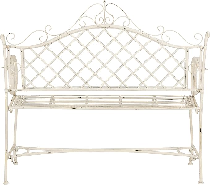 Safavieh PAT5017A Collection Adina Antique White Wrought Iron 51.25" Outdoor Garden Bench