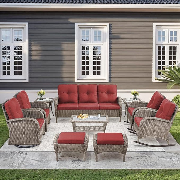 10-Piece Patio Furniture Set-Patio Rocking Chairs Set of 4 Outdoor Rattan Sofa Sets with Coffee Table Outdoor Patio - Photo 1