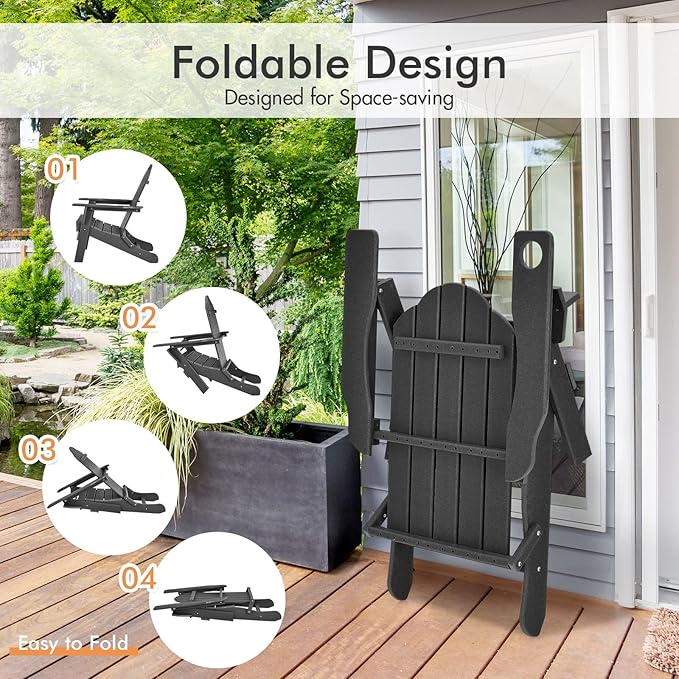 Giantex Adirondack Chair Outdoor Folding Chairs, HDPE Weather Resistant Patio Chair with Built-in Cup Holder Lawn Chair for Patio, Backyard, Balcony, Deck Outside Plastic Fire Pit Chair(1, Black)