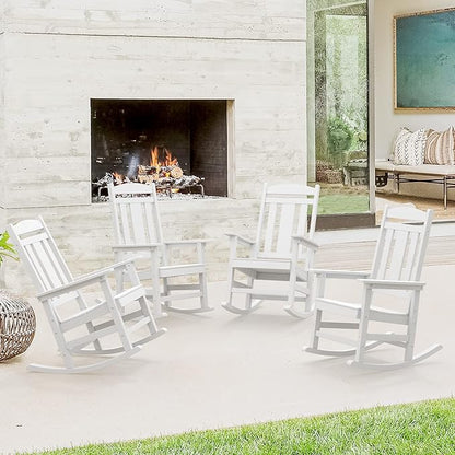 LUE BONA Outdoor Rocking Chairs Set of 4, Weather Resistant HDPS Poly Rocker Chairs, 350lb Heavy Duty, Oversized Porch Rocker for Adult, High Back Smooth Rocking Chairs for Outdoor & Indoor, White