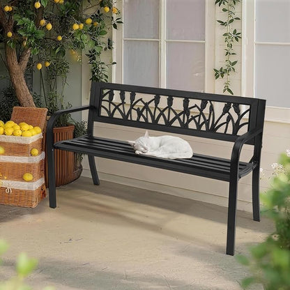Black Outdoor Garden Bench, 49'' Outdoor Bench, Weather Resistant Garden Patio Bench Powder Coated Iron Frame w/PVC Mesh Backrest Slatted Seat, 2-Person Outdoor Furniture for Front Porch Entryway