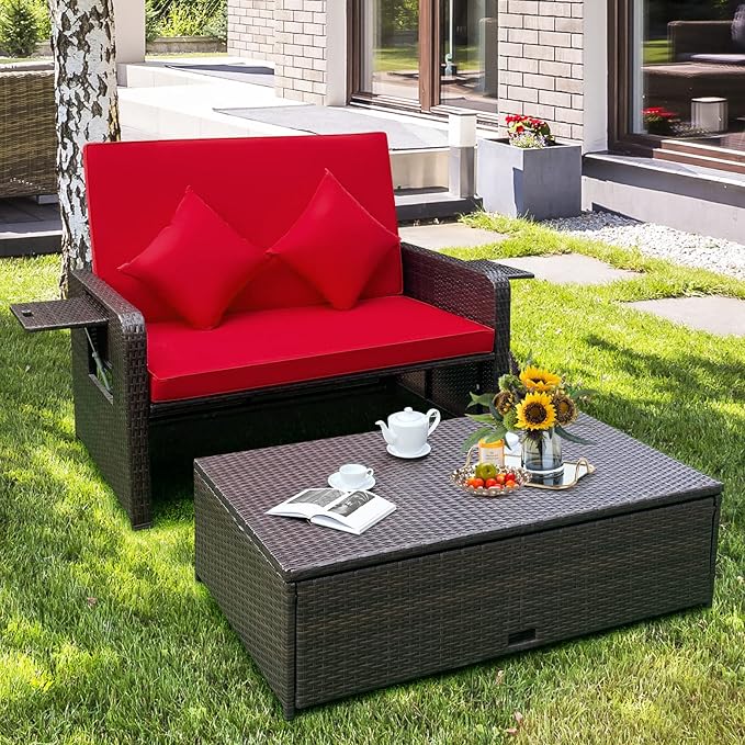 COSTWAY Patio Rattan Daybed with Cushions, Outdoor Wicker Loveseat Sofa with Storage Ottoman - Photo 5