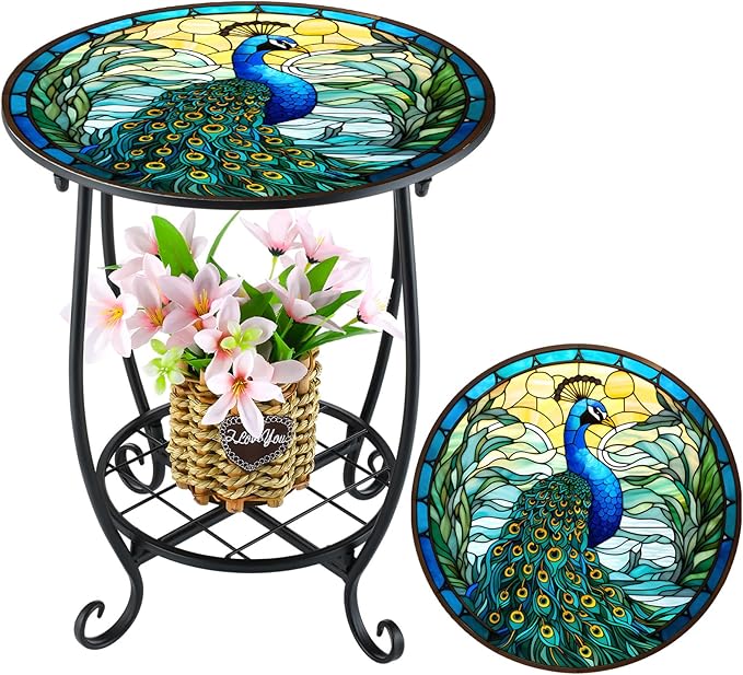 Outdoor Side Table Round Small Mosaic Patio Accent Indoor End Plant Coffee Tea Table for Yard Patio Porch Garden Living Room, Bedroom(Peacock Style,16 Inch)