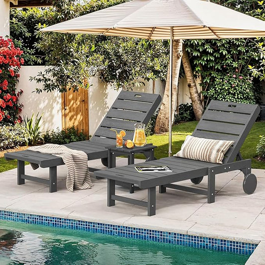 Outdoor Chaise Lounge Chairs with Table, 3-Piece, 26.8” Super Wide Lounge Chair Outdoor, HDPS Pool Chairs with 5 Positions, Patio Lounge Chair with Wheels for Pool,Lawn,Backyard, Dark Gray