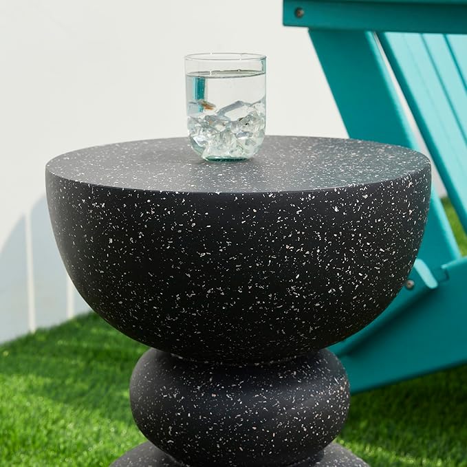 Glitzhome Outdoor Side Table, Round Accent End Table, Lightweight Faux Terrazzo Decorative Garden Stool, 17.25" H Black Planter Stand for Patio Porch Balcony Living Room