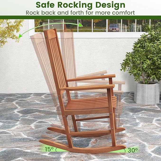 Giantex Wood Outdoor Rocking Chair - Eucalyptus Rocker Chair with Stable & Safe Rocking Base, High Backrest, Slatted Patio Rocker for Garden, Poolside, Courtyard Outdoor Rockers, Porch Rocker (1)