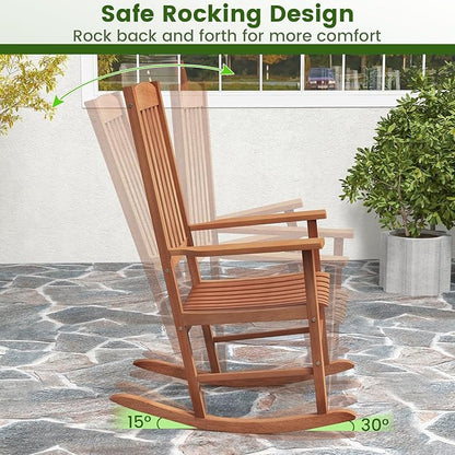 Giantex Wood Outdoor Rocking Chair - Eucalyptus Rocker Chair with Stable & Safe Rocking Base, High Backrest, Slatted Patio Rocker for Garden, Poolside, Courtyard Outdoor Rockers, Porch Rocker (1)