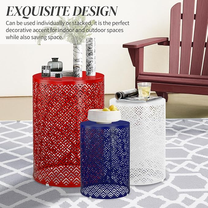 Outvita Outdoor Nesting Tables Set of 3, Heavy Duty Metal Frame Accent Modern End Table, Portable Side Table for Indoor, Outdoor, Living Room, Meander Pattern - Blue & White & Red