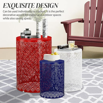 Outvita Outdoor Nesting Tables Set of 3, Heavy Duty Metal Frame Accent Modern End Table, Portable Side Table for Indoor, Outdoor, Living Room, Meander Pattern - Blue & White & Red