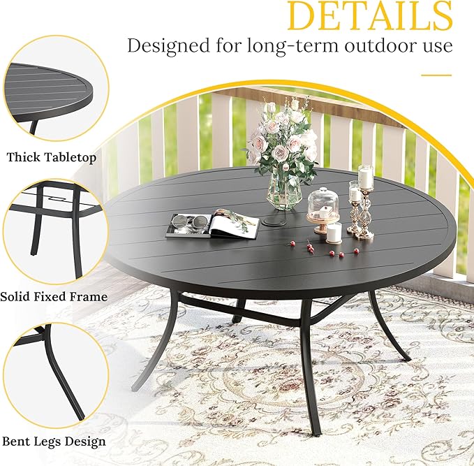 VICLLAX 63" Outdoor Round Patio Table with Umbrella Hole, All Weather Metal Round Outdoor Dining Table for Lawn Garden - Photo 4