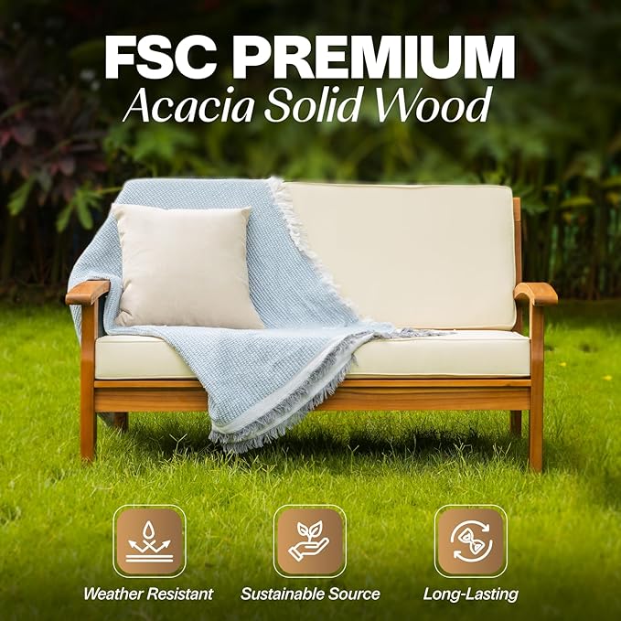 Idzo Laurent 800lbs Capacity Acacia Outdoor Loveseat, FSC Certified 2 Seater Patio Sofa with 3.9in Thick Cushions - Photo 5