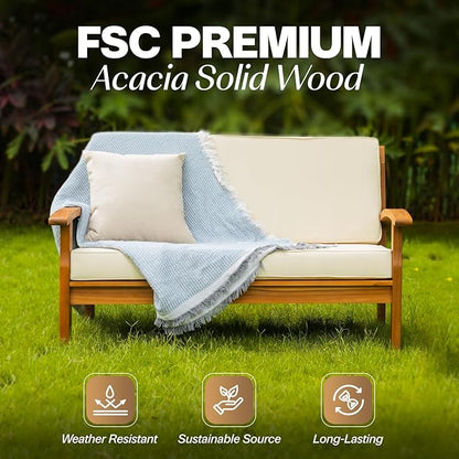 Idzo Laurent 800lbs Capacity Acacia Outdoor Loveseat, FSC Certified 2 Seater Patio Sofa with 3.9in Thick Cushions, Teak Finish Porch Couch for Garden Backyard