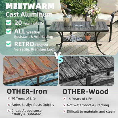 MEETWARM Outdoor Cast Aluminum Coffee Table, 42" Rectangle Patio Coffee Table with 2-Tier Storage Shelf, All-Weather Heavy Duty Patio Side Table for Outside Poolside Deck Garden & Indoor, Dark Bronze