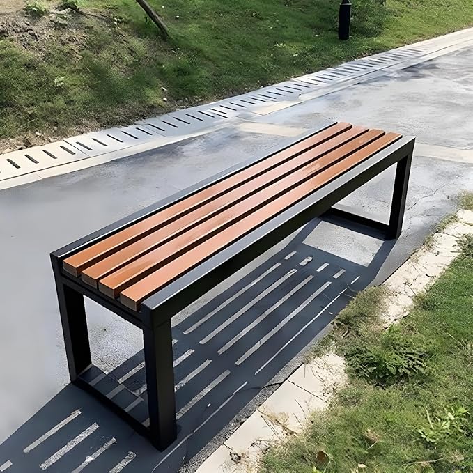 LITFAD Mid-Century Metal Park Bench in Black with Waterproof Wood Seating Gym Rest Bench Patio Bench for Outdoor Use - 79" L x 16" W x 18" H