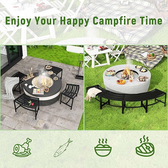 Metal Outdoor Curved Fire Pit Bench Set of 4, Fire Pit Seating Waterproof, Steel Backless Outside Tree Bench for Garden,Patio,Porch,Backyard,Heavy Duty Plant Holder, Style 2, Black